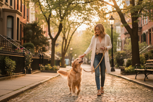 主人用高级牵引绳遛狗