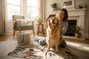 主人用专业美容工具为宠物梳理