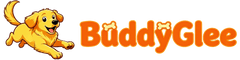 Logo of BuddyGlee with a yellow dog running on a black background