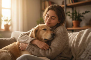 Woman hugging a golden retriever on a couch in a cozy living room.