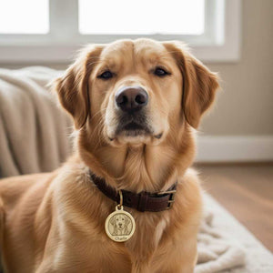 Golden retriever wearing a collar with a name tag indoors