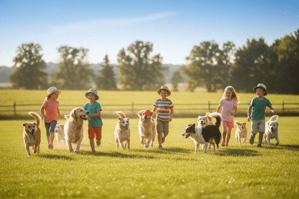 Children and dogs running together in a grassy field on a sunny day.