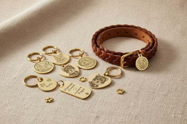 Brown leather dog collar with gold tags on a beige fabric background