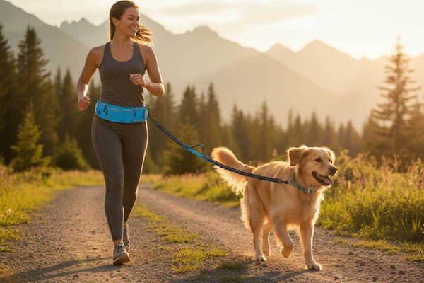 Woman running with a dog on a trail in a mountainous area