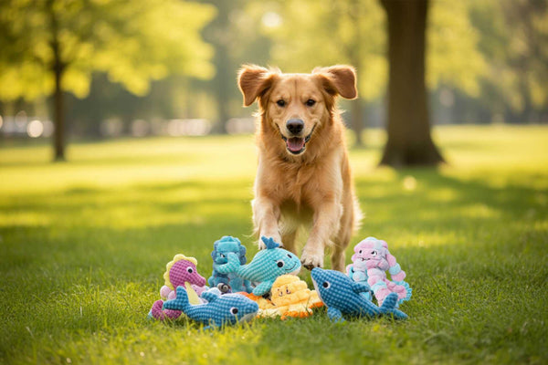 Dog playing with colorful toys on a grassy field