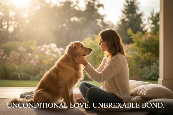 Woman sitting with a dog in a garden with text 'UNCONDITIONAL LOVE. UNBREAXABLE BOND.'
