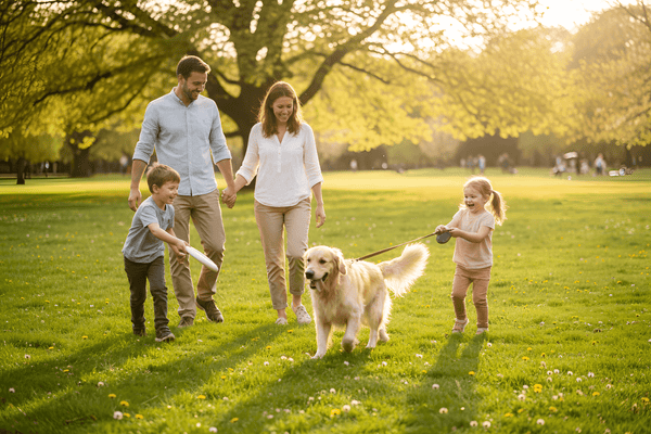 Family with two children and a dog walking in a park on a sunny day
